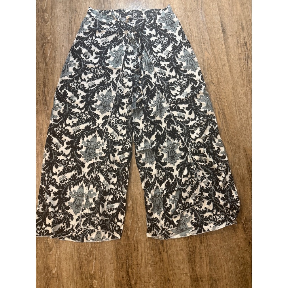 Raga Damask Print Wide Leg Boho Pants Black White Grey Smocked Waist NWT runsbig